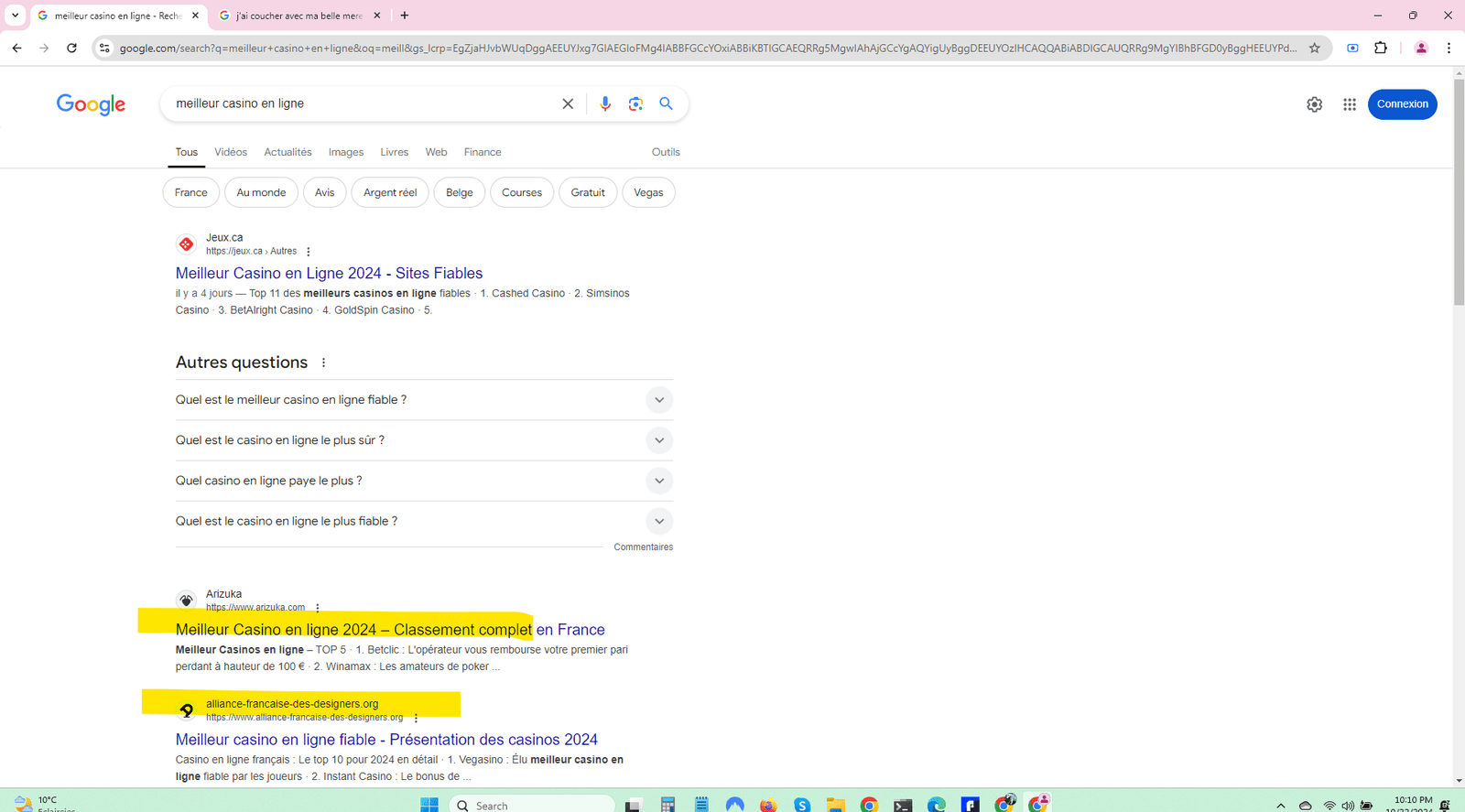 capture ecran recherche google : meilleur casino en ligne
