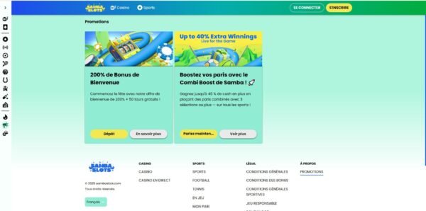 Page du bonus de bienvenue SAMBA SLOTS